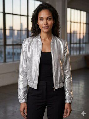 Zara Basic Silver Metallic Bomber Jacket XS Cropped- Tiny Bit of Rubbing on Back